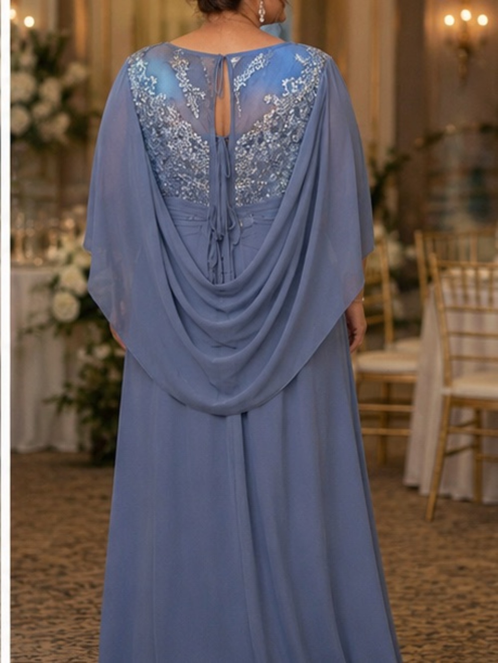 Plus-Size Dusty Blue Embroidered Maxi Dress with Cape Sleeves - Picture 12 of 13